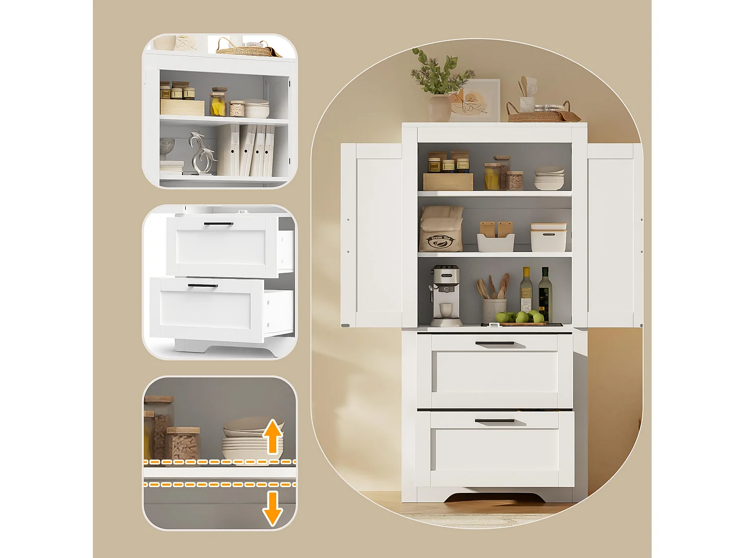 Buffet de cuisine 128 cm avec étagères réglables, 2 tiroirs et rangement fermé style campagne