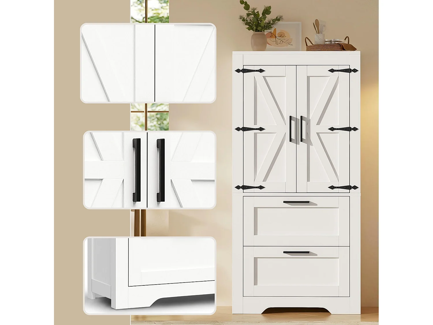 Buffet de cuisine 128 cm avec étagères réglables, 2 tiroirs et rangement fermé style campagne