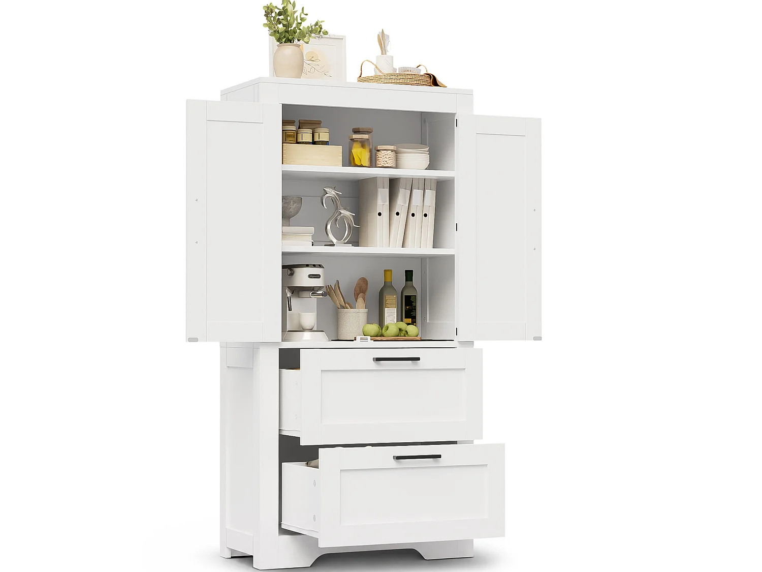 Buffet de cuisine 128 cm avec étagères réglables, 2 tiroirs et rangement fermé style campagne