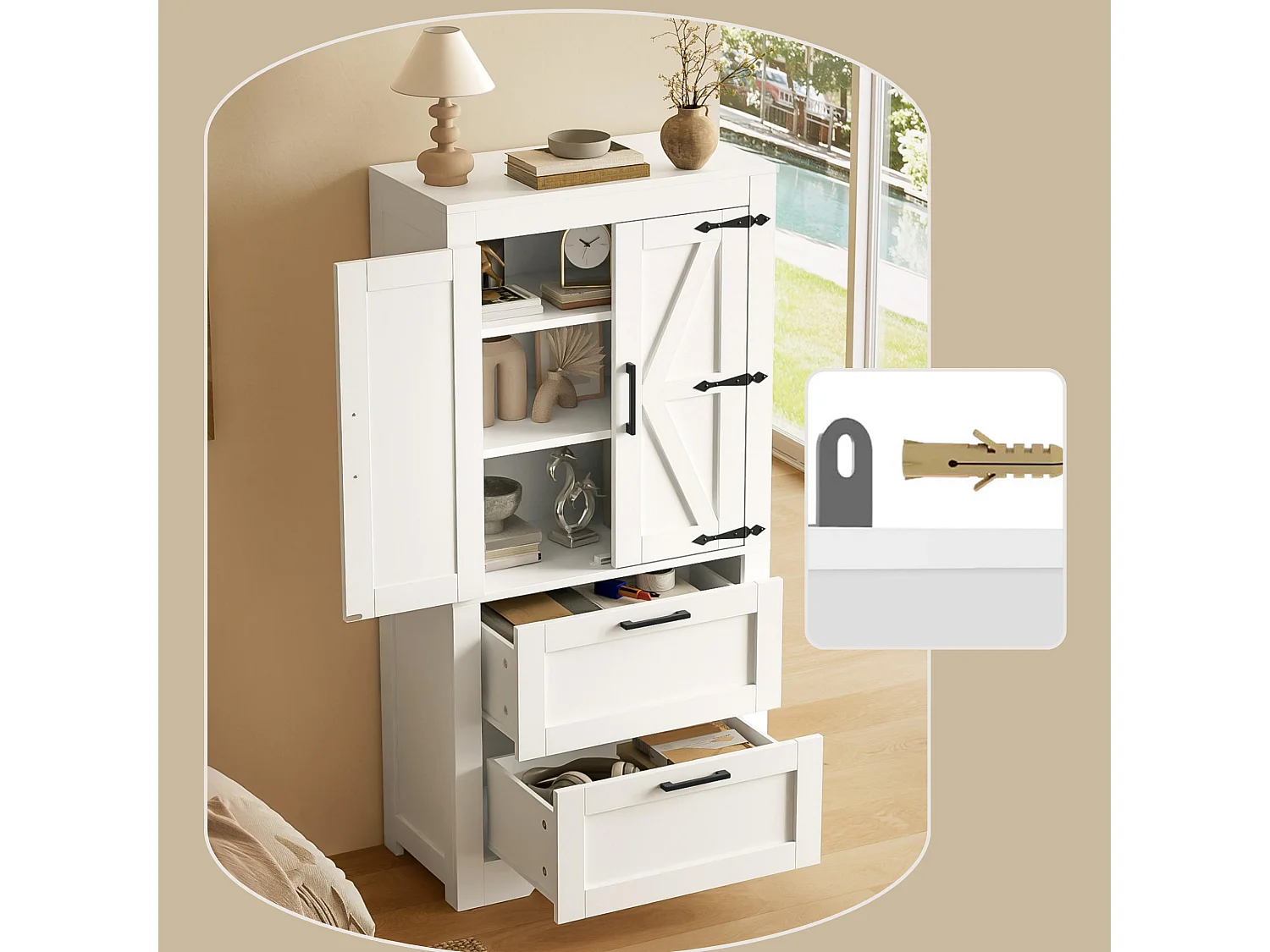 Buffet de cuisine 128 cm avec étagères réglables, 2 tiroirs et rangement fermé style campagne