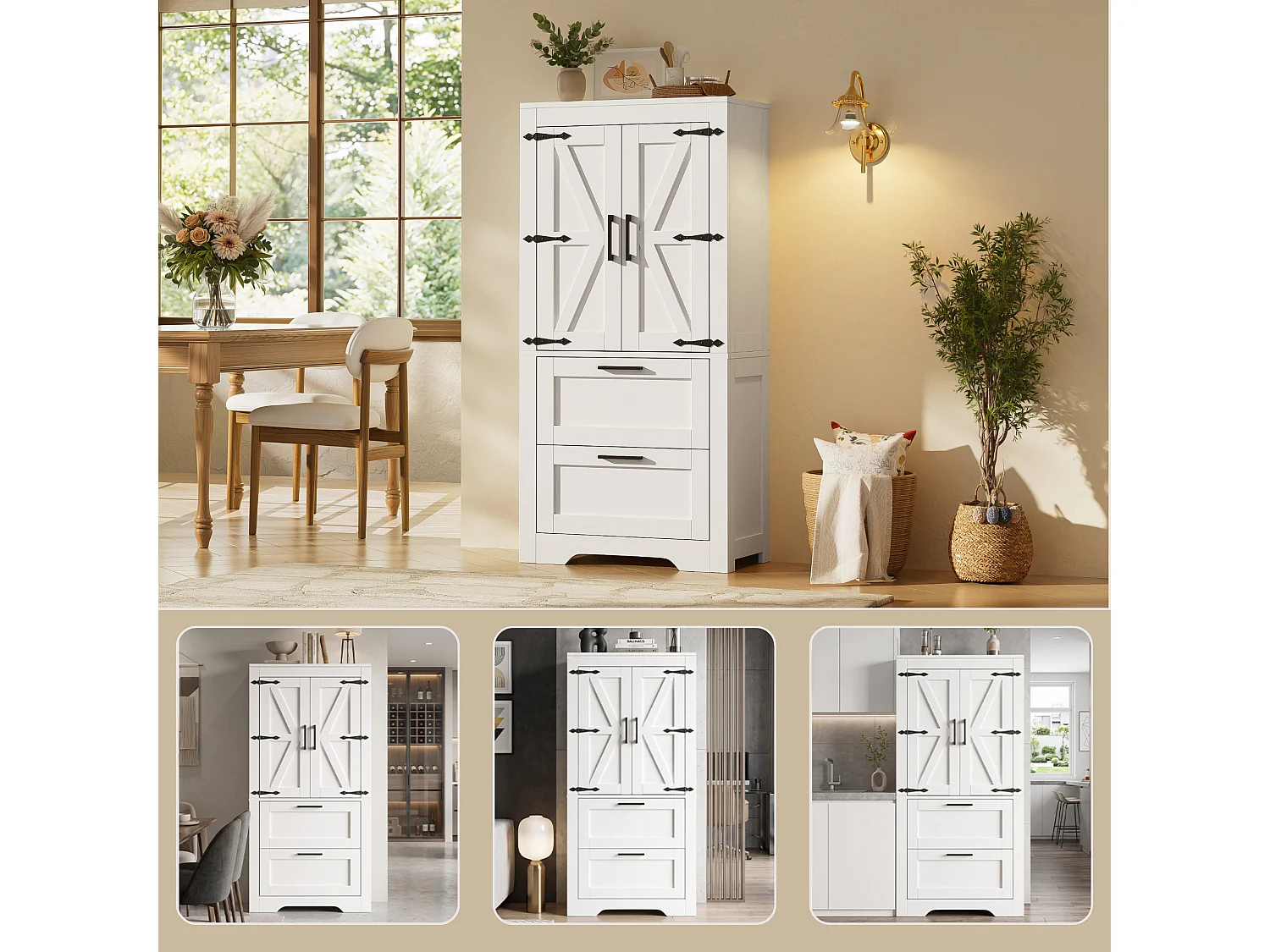Buffet de cuisine 128 cm avec étagères réglables, 2 tiroirs et rangement fermé style campagne