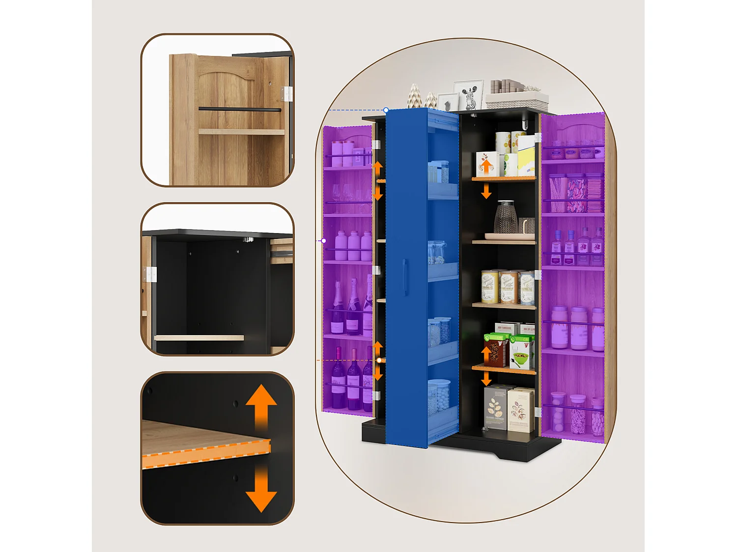 Armoire de cuisine avec rangements de porte et colonne coulissante 4 niveaux avec étagères réglables
