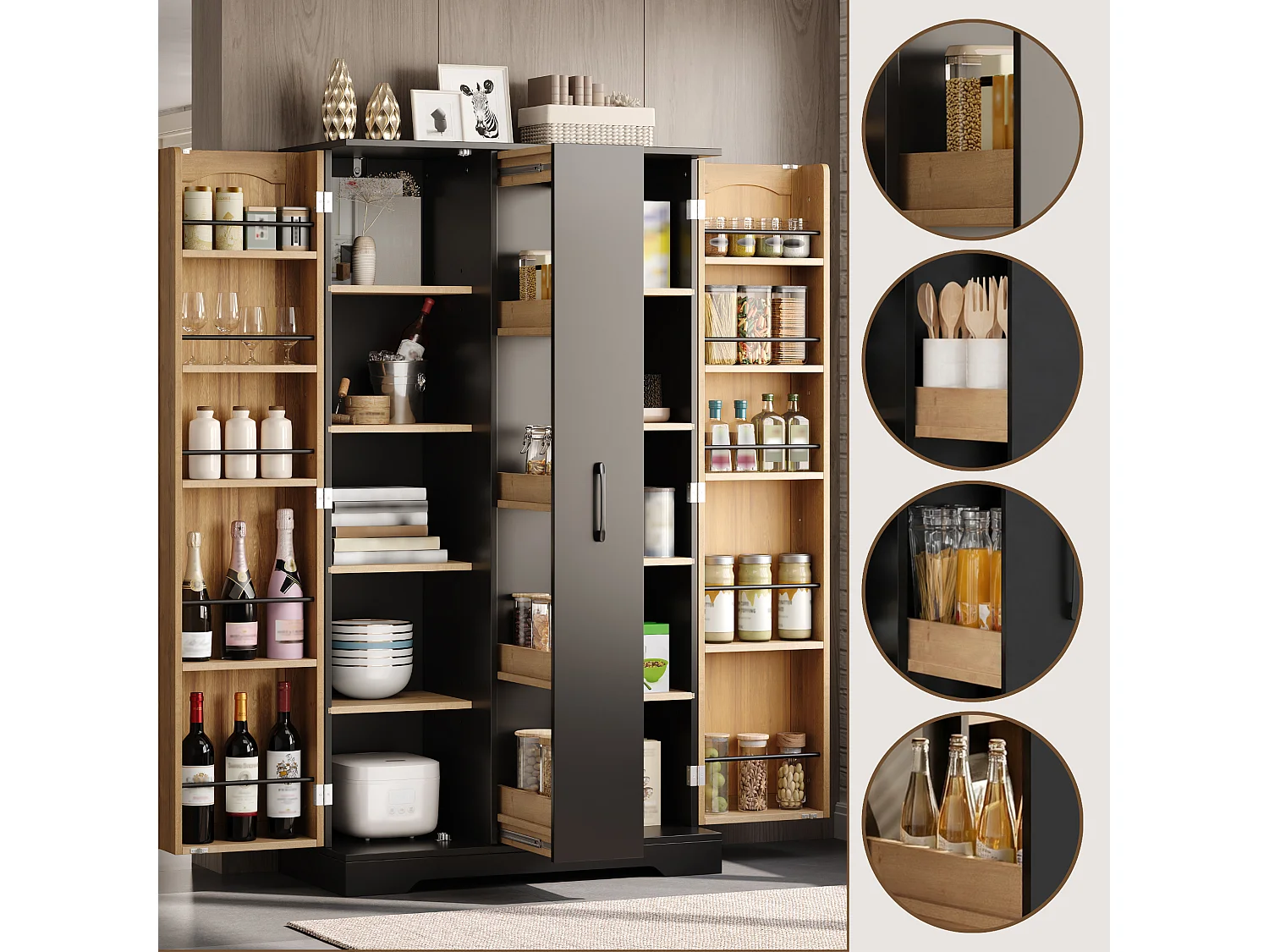 Armoire de cuisine avec rangements de porte et colonne coulissante 4 niveaux avec étagères réglables