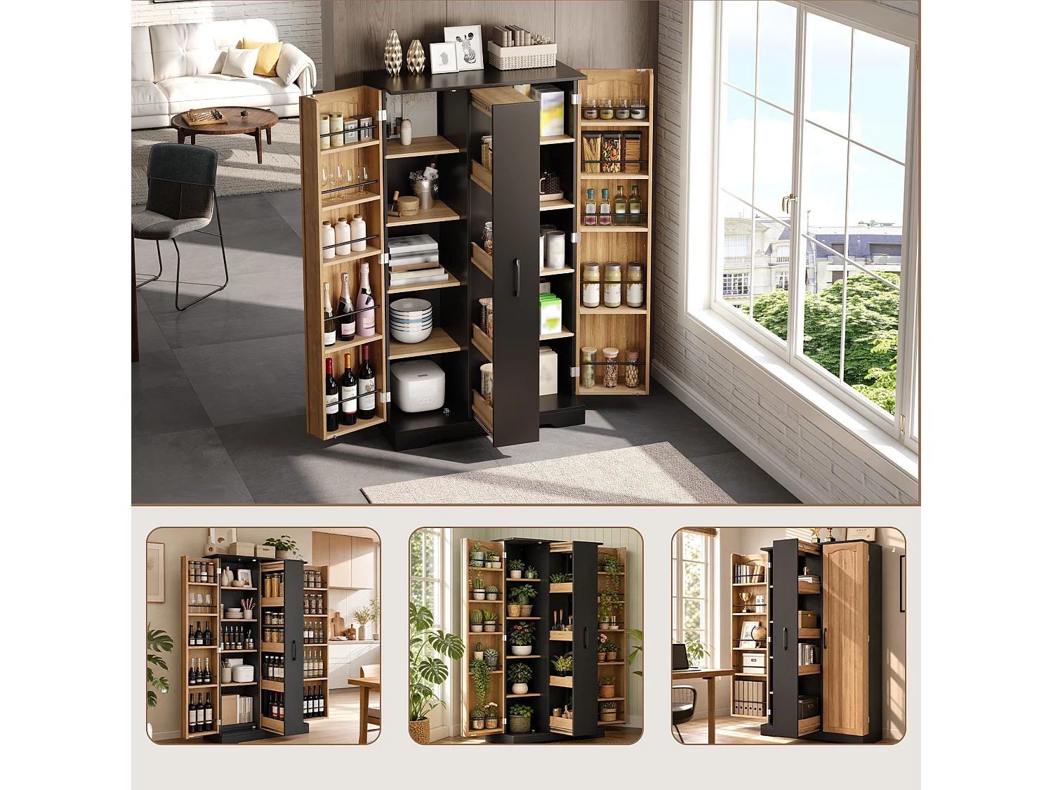 Armoire de cuisine avec rangements de porte et colonne coulissante 4 niveaux avec étagères réglables