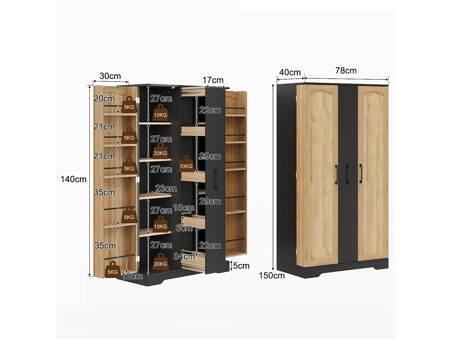 Armoire de cuisine avec rangements de porte et colonne coulissante 4 niveaux avec étagères réglables