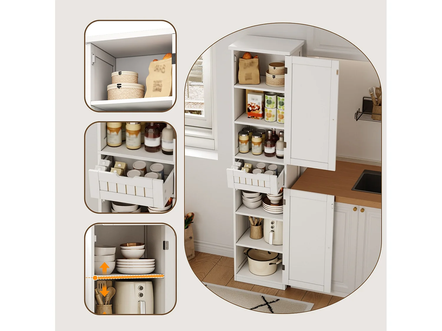 Armoire de cuisine 40 x 30 x 170 cm avec 6 compartiments, étagères réglables, tiroir et façades rainurées rétro