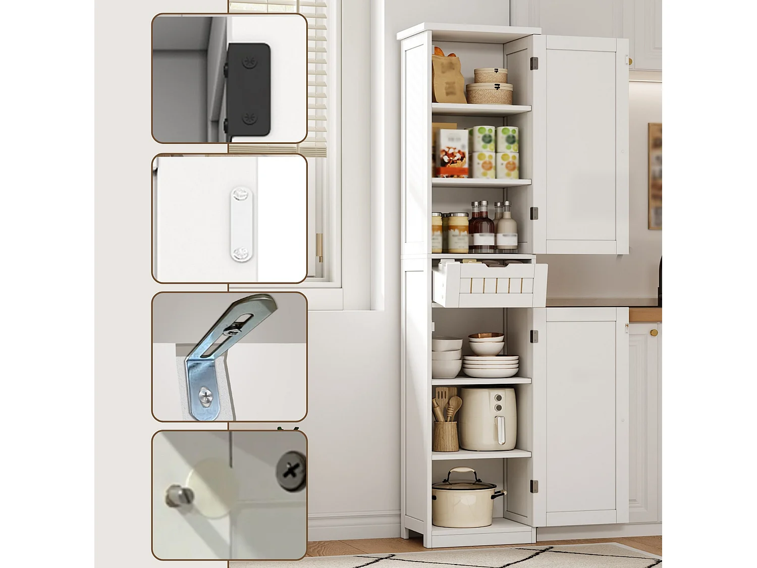 Armoire de cuisine 40 x 30 x 170 cm avec 6 compartiments, étagères réglables, tiroir et façades rainurées rétro