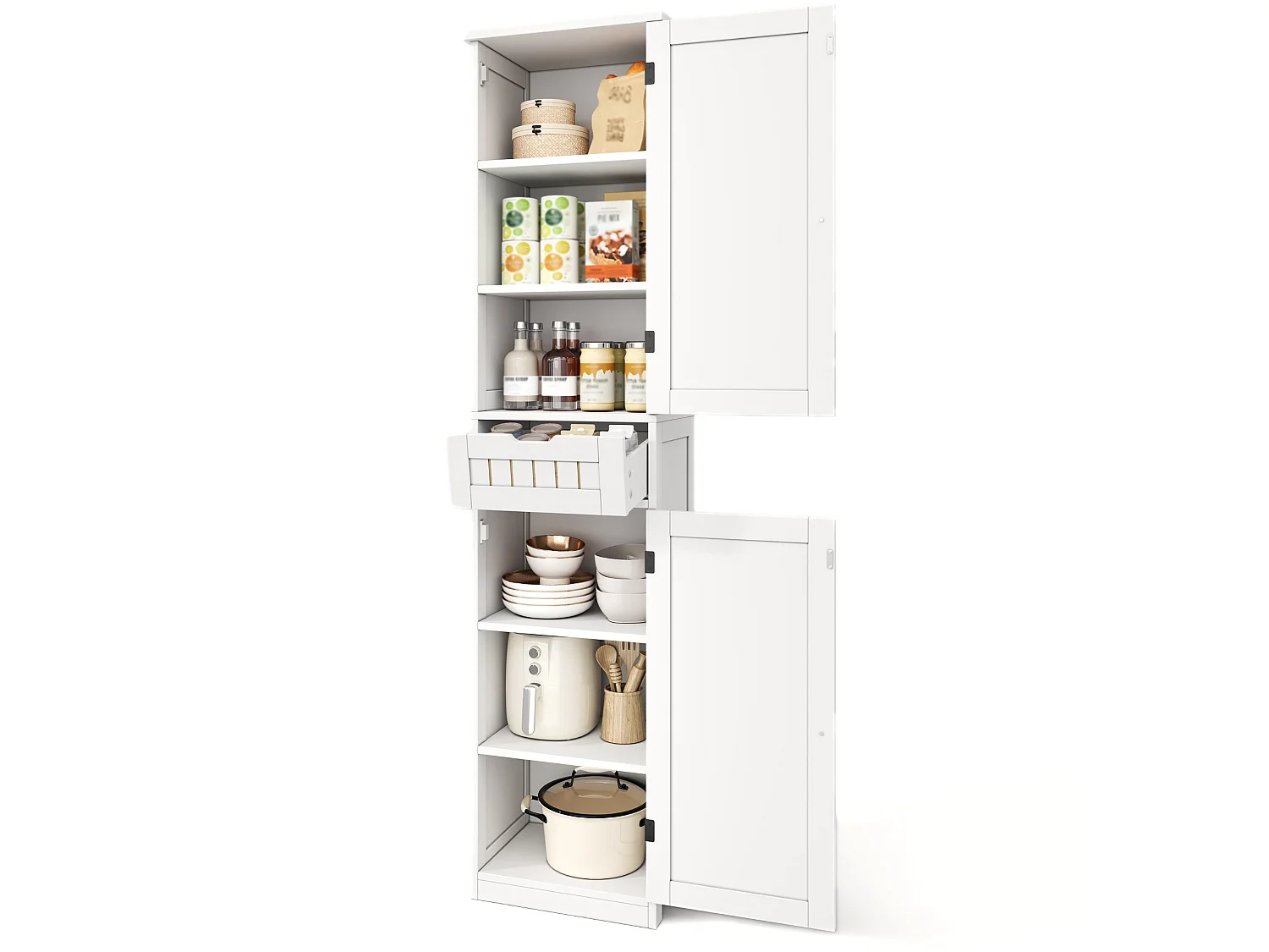Armoire de cuisine 40 x 30 x 170 cm avec 6 compartiments, étagères réglables, tiroir et façades rainurées rétro