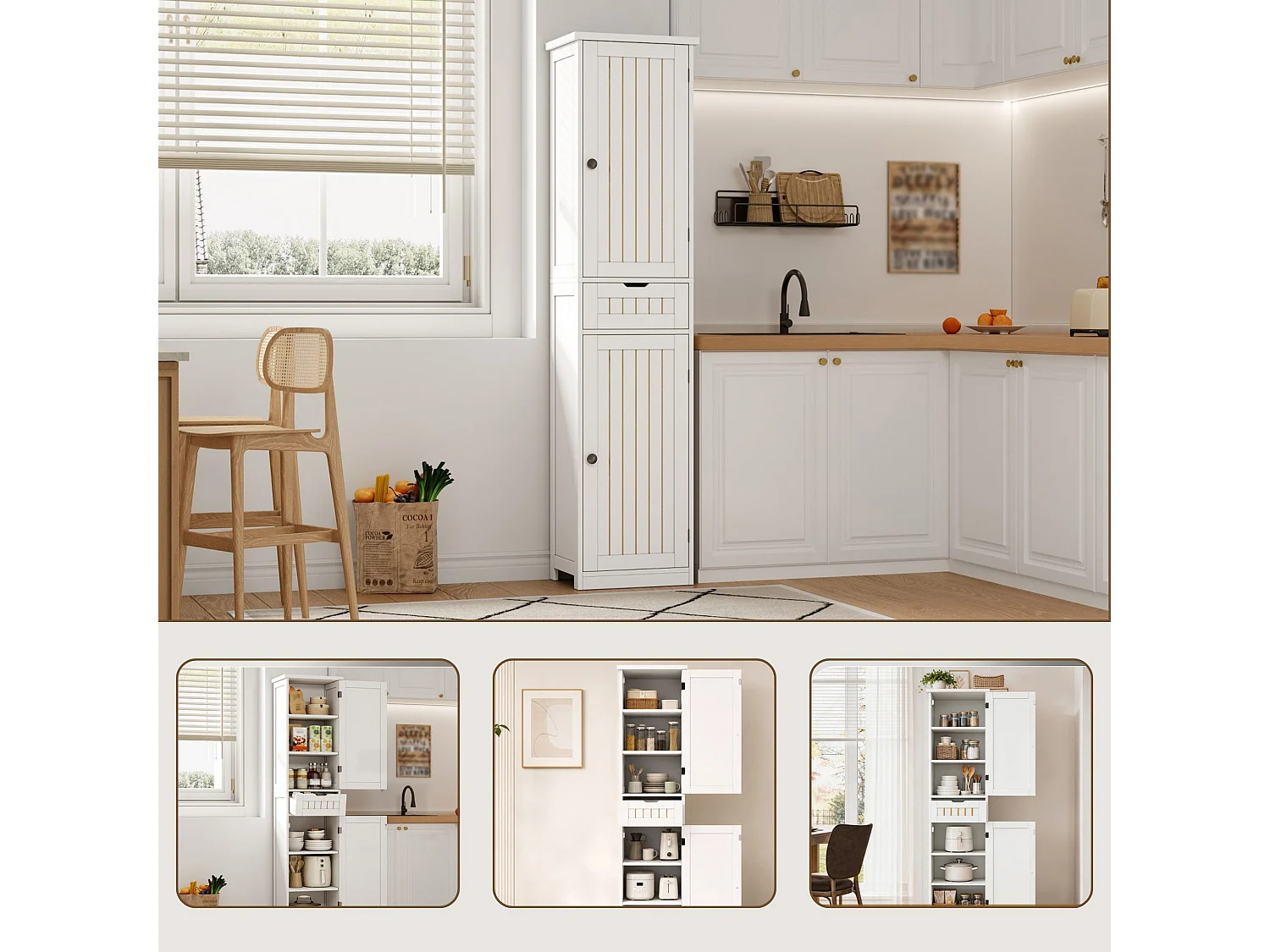 Armoire de cuisine 40 x 30 x 170 cm avec 6 compartiments, étagères réglables, tiroir et façades rainurées rétro