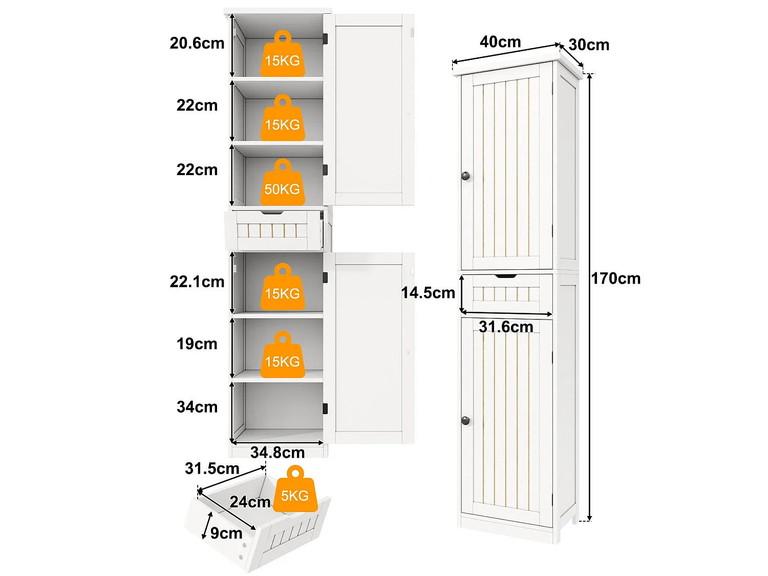 Armoire de cuisine 40 x 30 x 170 cm avec 6 compartiments, étagères réglables, tiroir et façades rainurées rétro