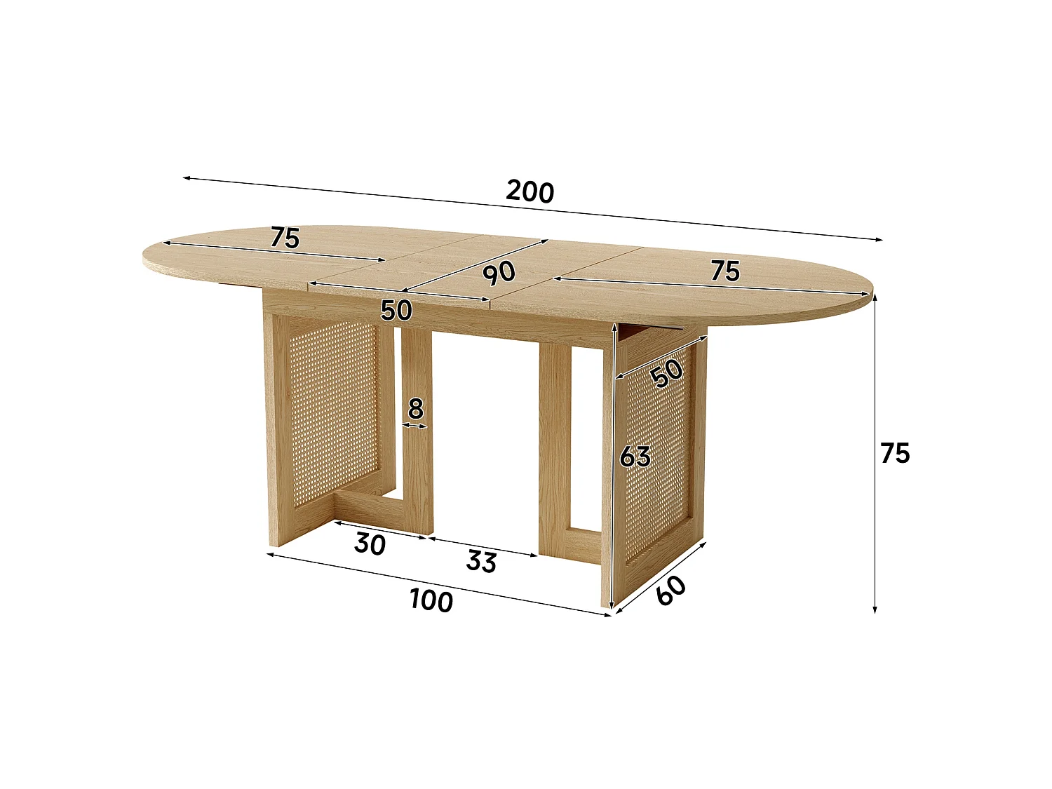 Table à manger extensible 150 200 x 90 x 75 cm pour 6 à 8 personnes avec plateau arrondi et détails en rotin