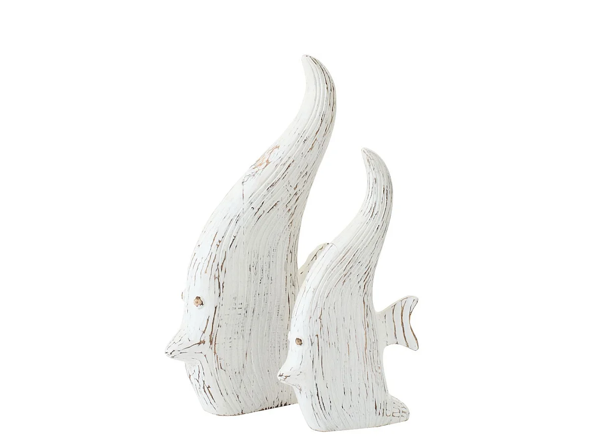 Statuette Déco en Bois "Poisson Antique" 38cm Blanc