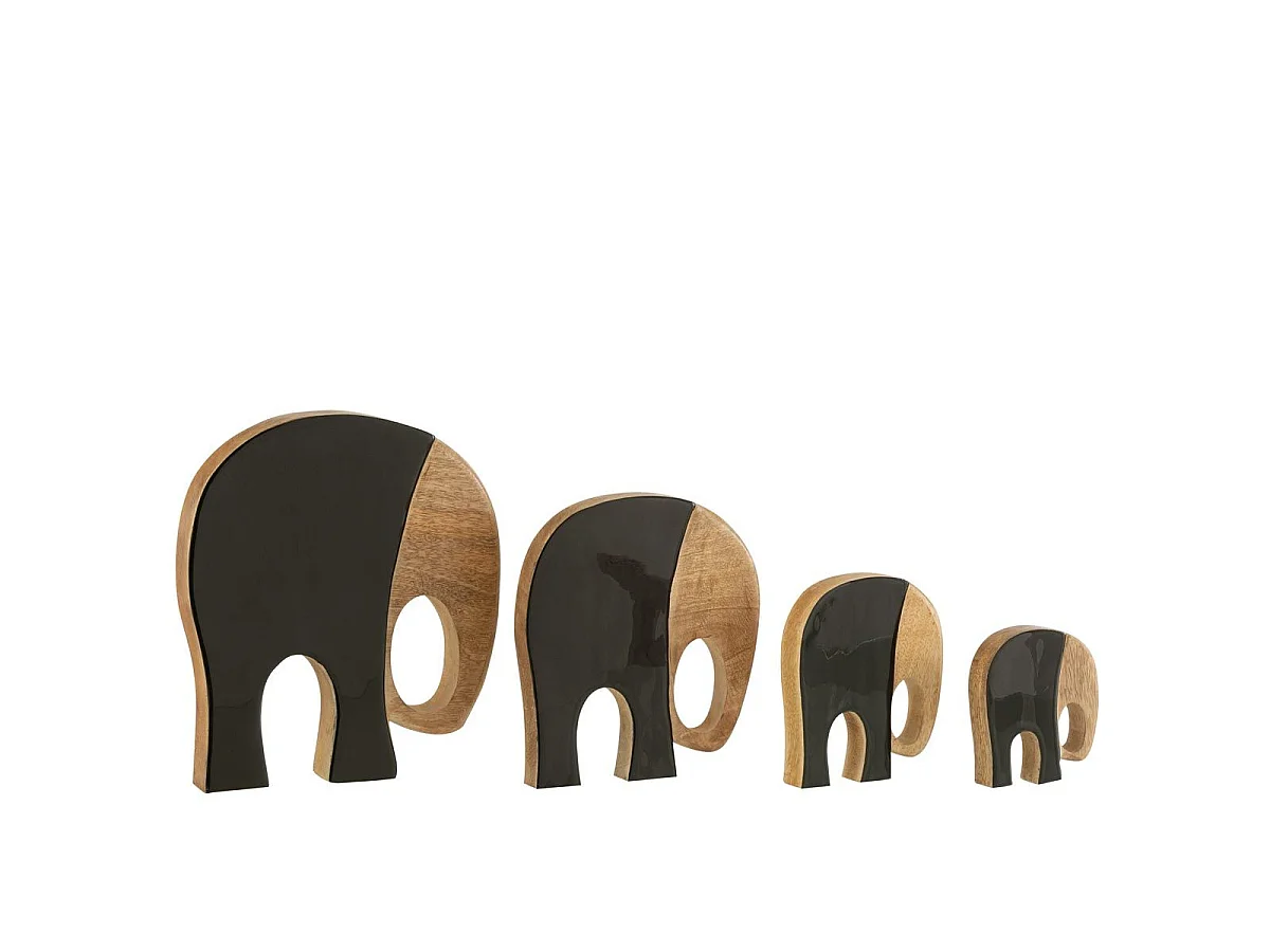 Lot de 4 Statuettes en Bois "Éléphants" 27cm Noir