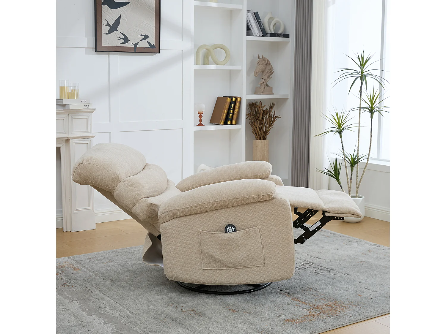 360° draaibare fauteuil in licht kaki chenille - Met massagefunctie, verwarming en voetensteun