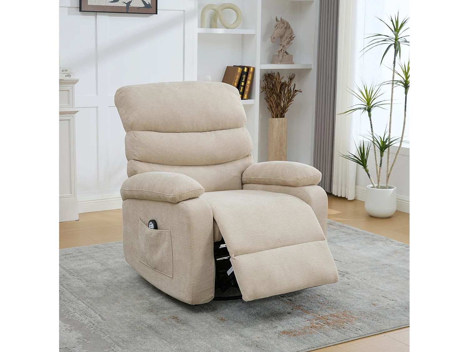 360° draaibare fauteuil in licht kaki chenille - Met massagefunctie, verwarming en voetensteun