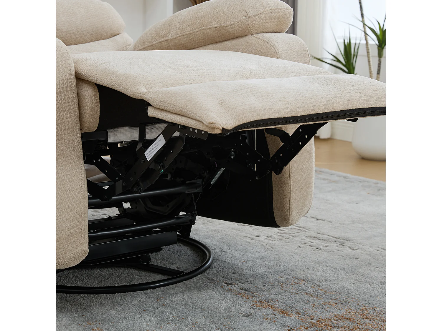360° draaibare fauteuil in licht kaki chenille - Met massagefunctie, verwarming en voetensteun