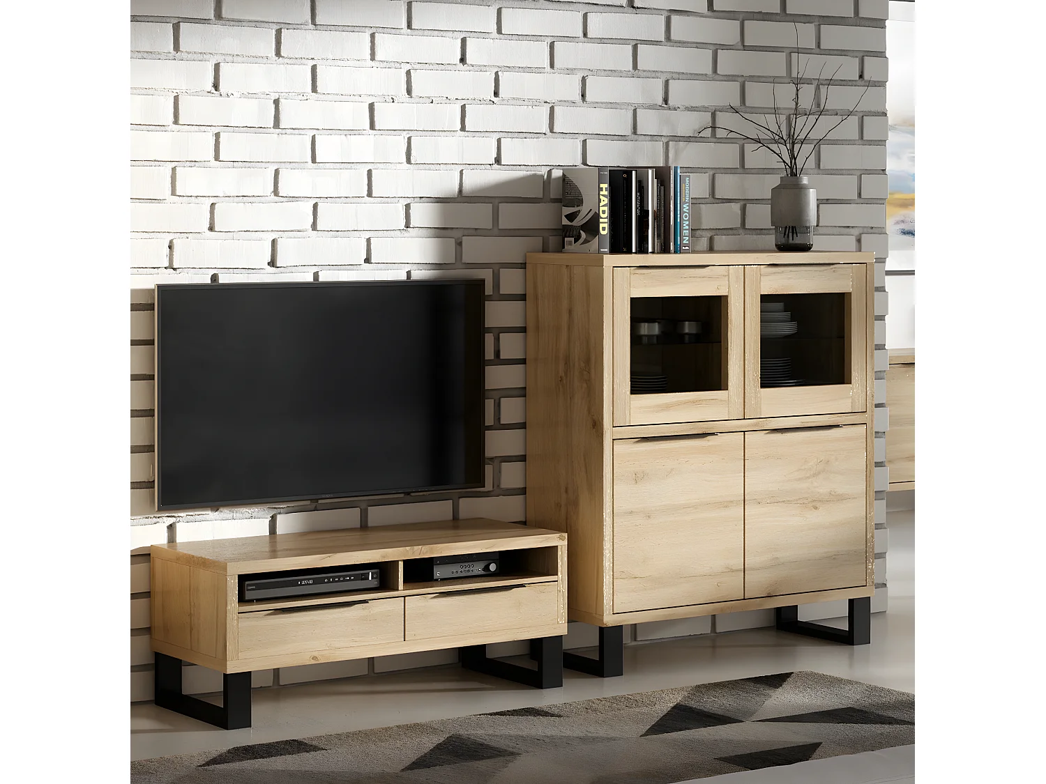 Meuble TV 2 tiroirs 124 cm Eden Bois et Metal