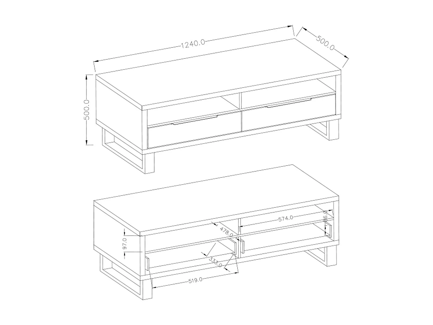 Meuble TV 2 tiroirs 124 cm Eden Bois et Metal