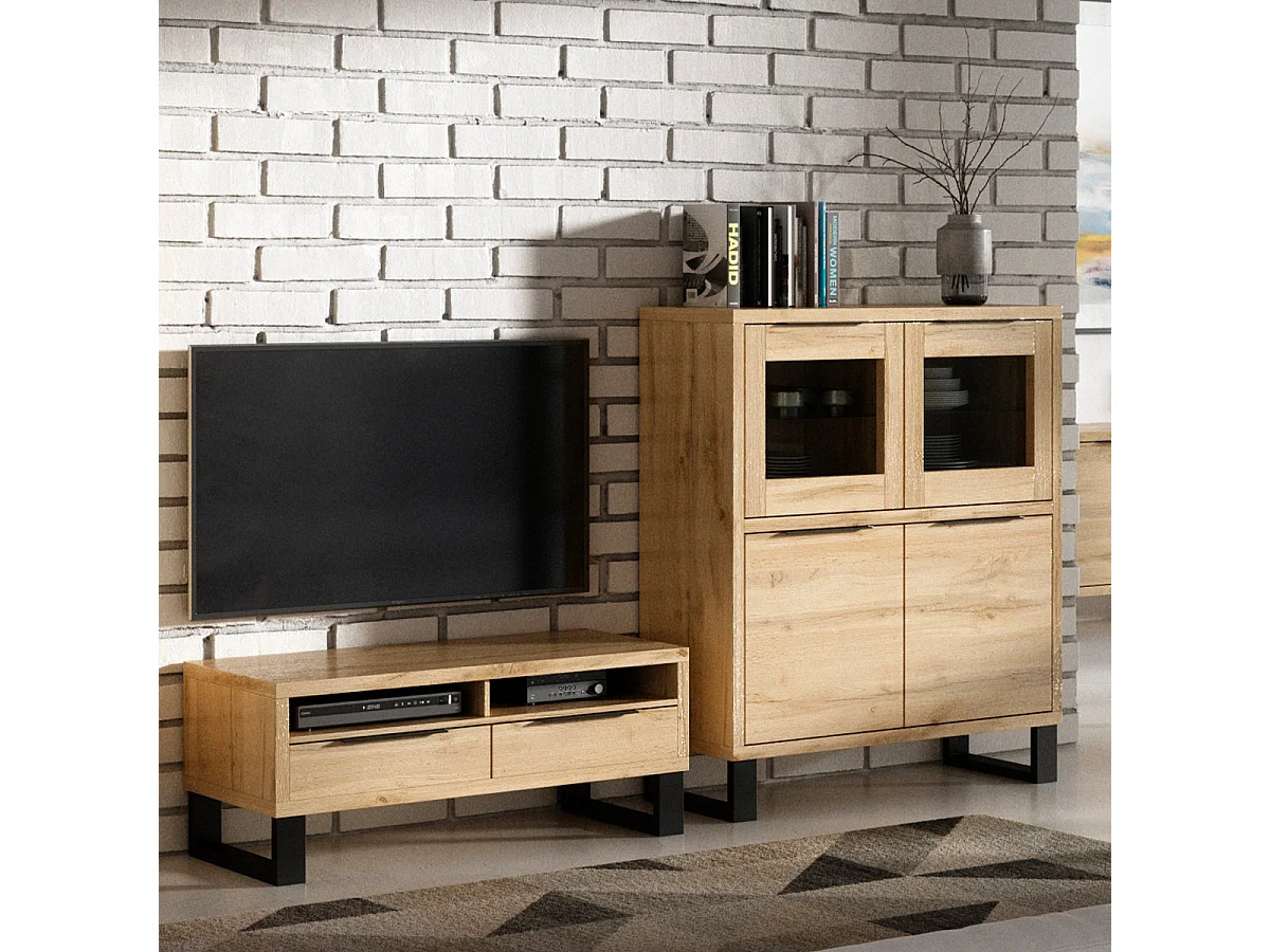 Meuble TV 2 tiroirs 124 cm Eden Bois et Metal