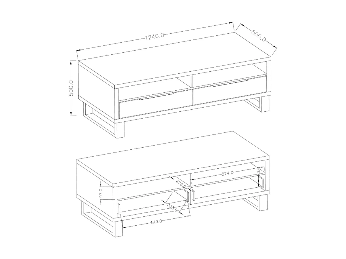 Meuble TV 2 tiroirs 124 cm Eden Bois et Metal