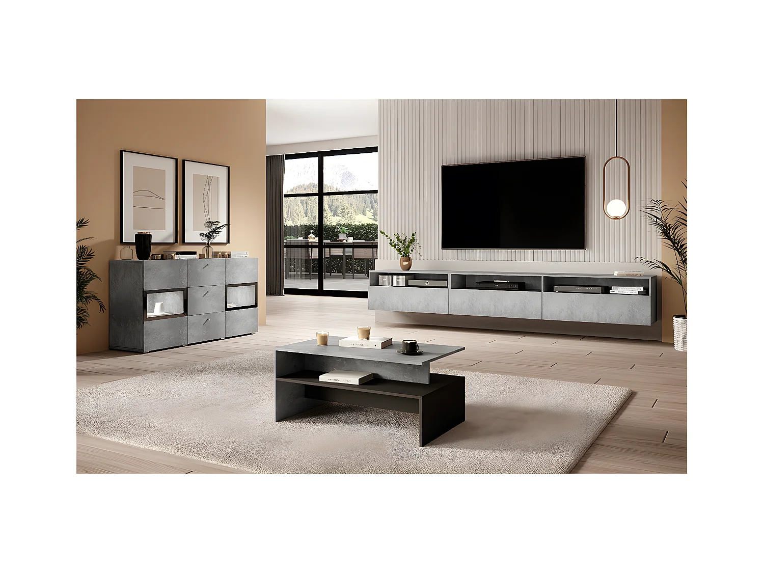 Vrijstaand of wandhangend TV-meubel met 1 lade 270 cm Sloan Béton