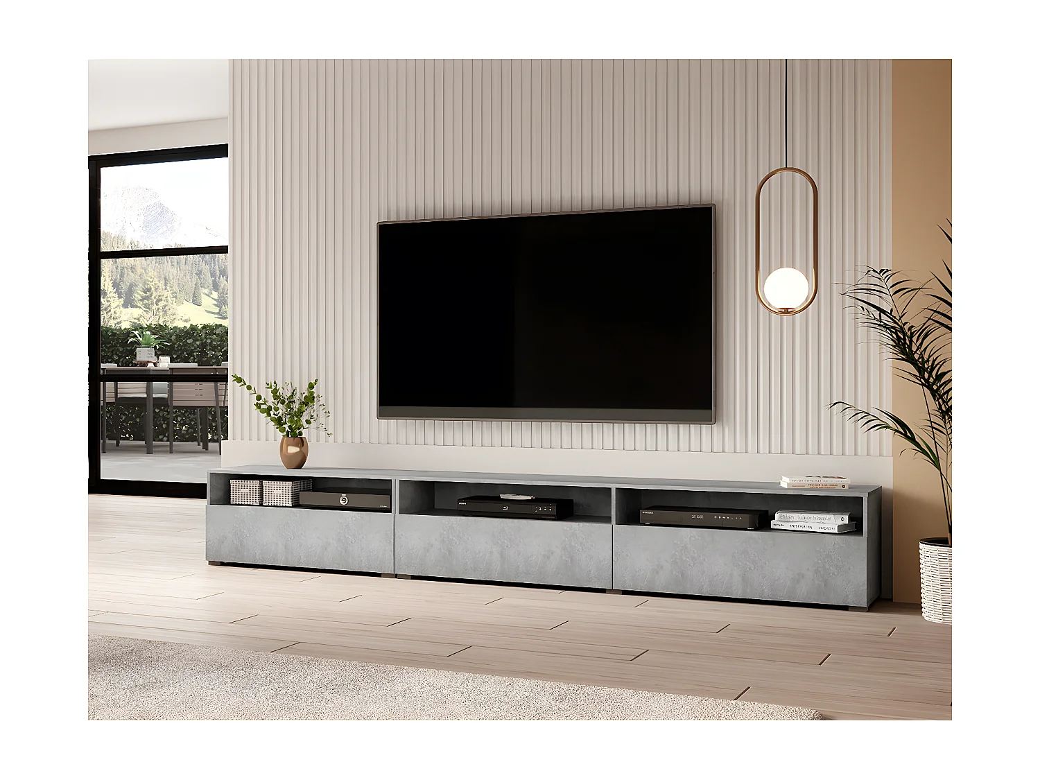 Meuble TV sur pied ou mural 1 tiroir 270 cm Sloan Béton