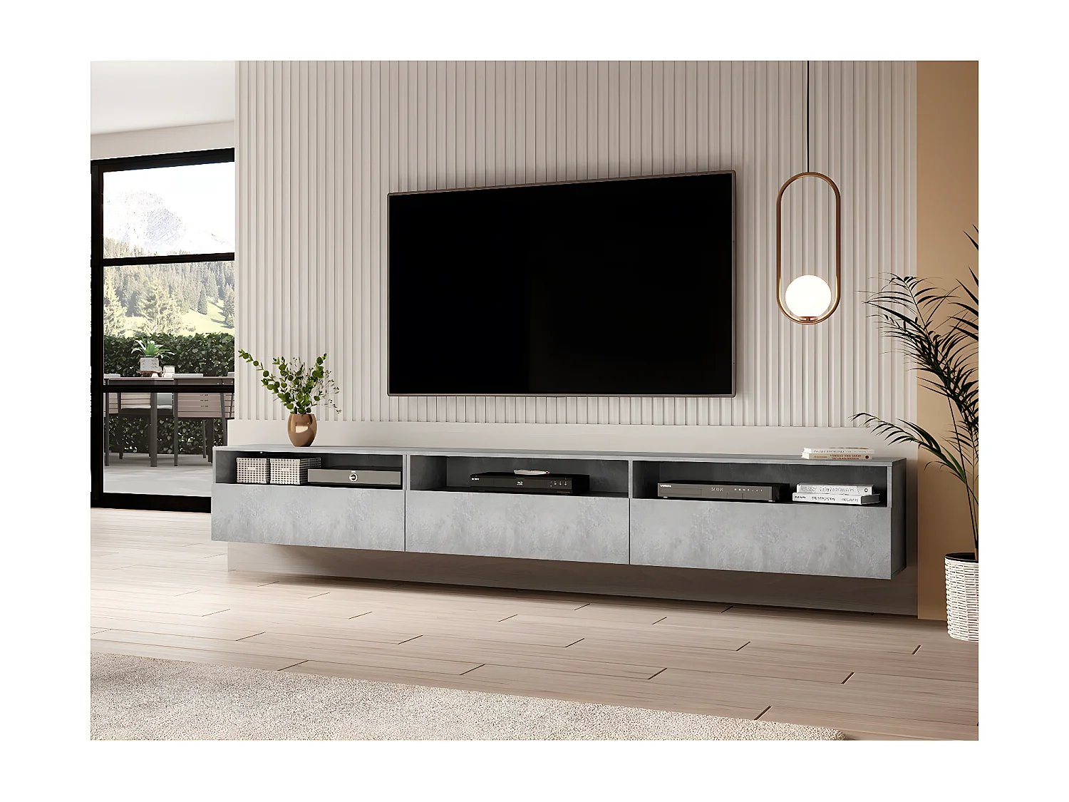 Meuble TV sur pied ou mural 1 tiroir 270 cm Sloan Béton