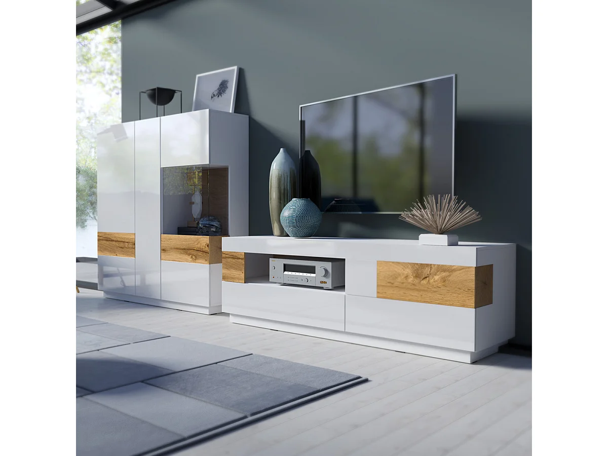 Meuble TV 1 porte 2 tiroirs 160 cm Andrea Blanc et Bois