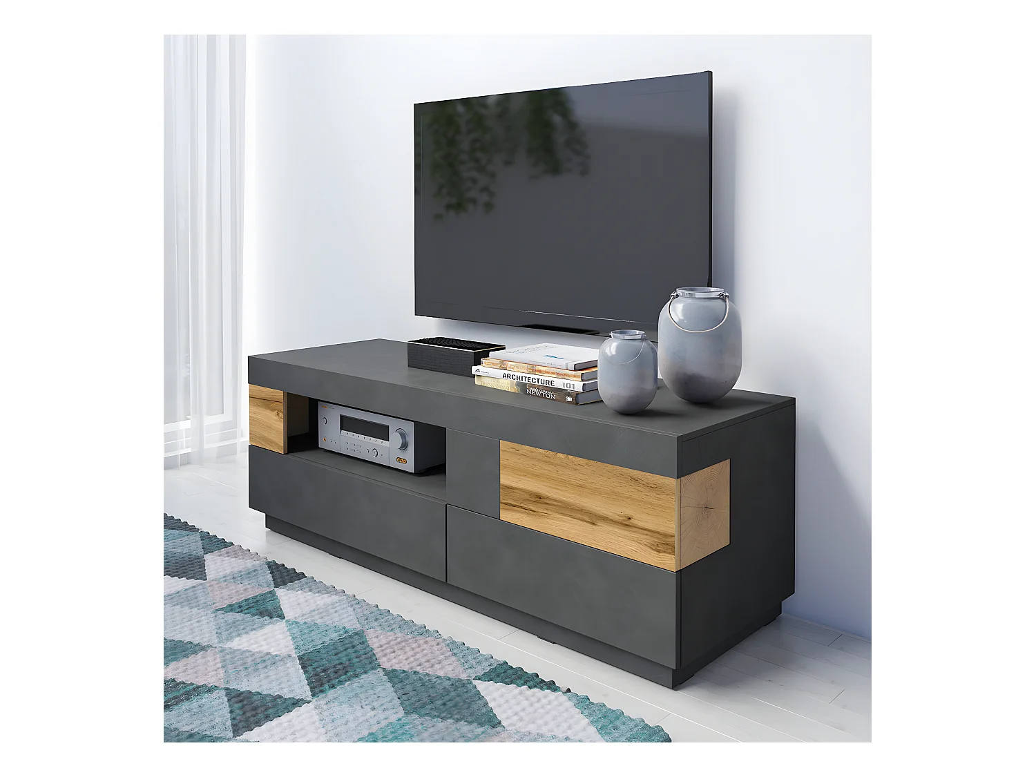 Meuble TV 1 porte 2 tiroirs 160 cm Andrea Gris anthracite et Bois