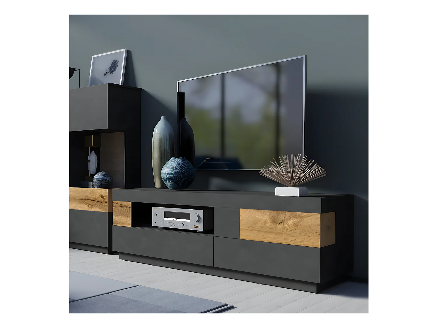 Meuble TV 1 porte 2 tiroirs 160 cm Andrea Gris anthracite et Bois