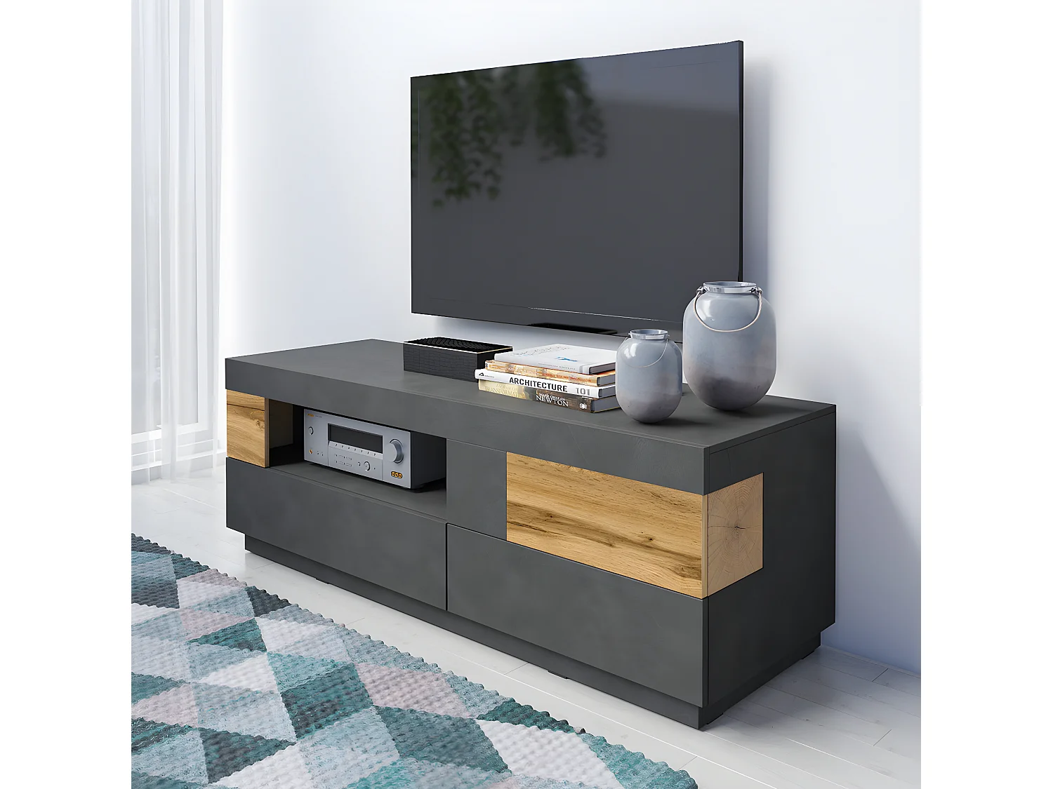 Meuble TV 1 porte 2 tiroirs 160 cm Andrea Gris anthracite et Bois