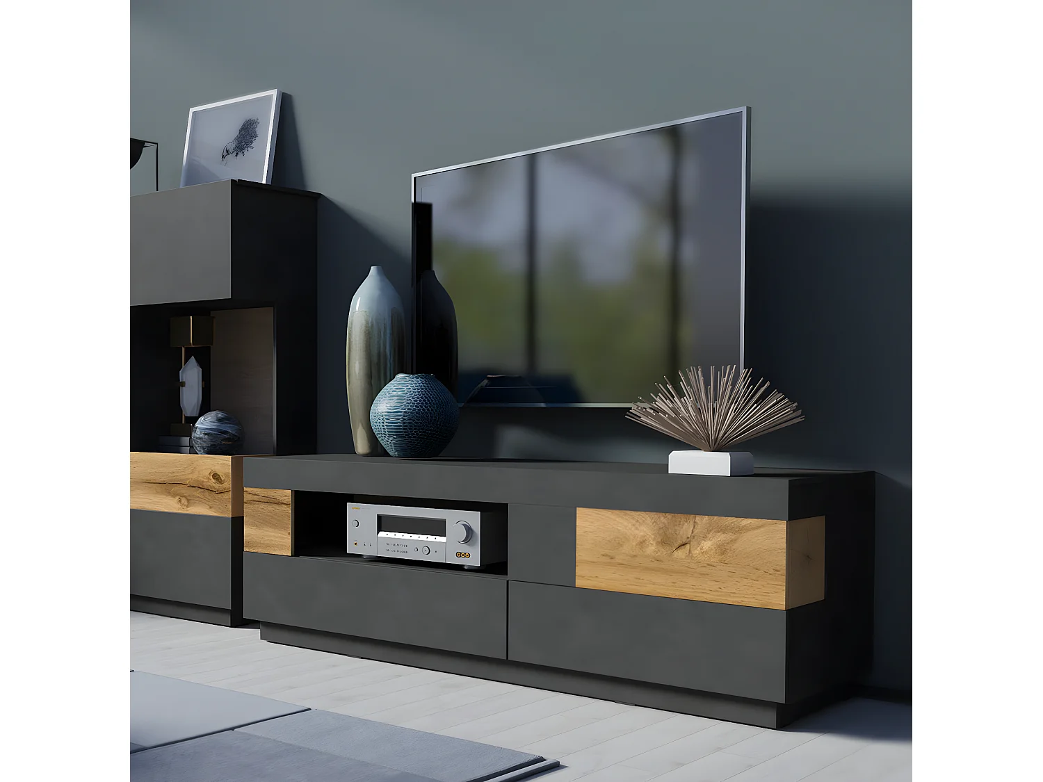 Meuble TV 1 porte 2 tiroirs 160 cm Andrea Gris anthracite et Bois