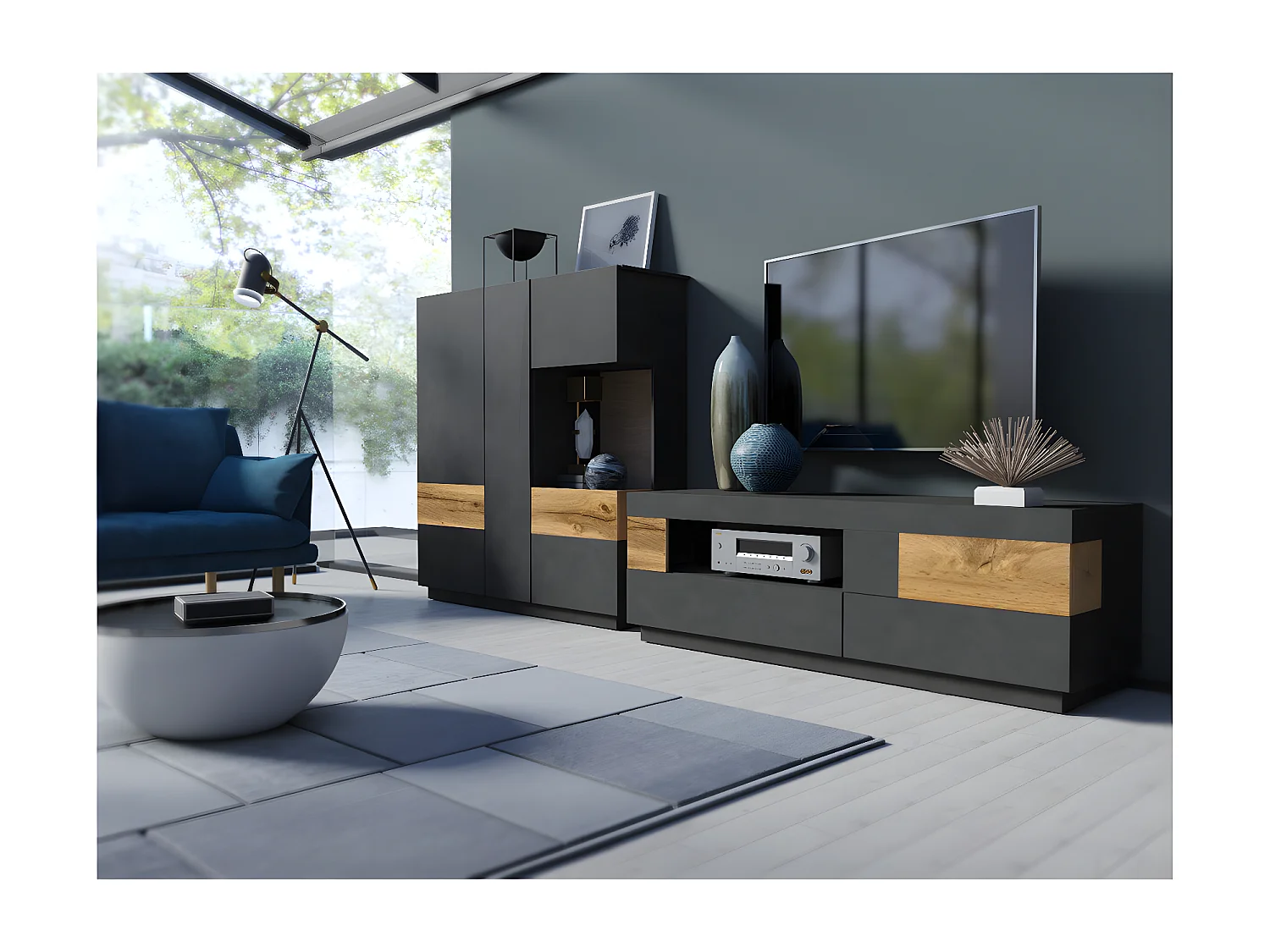 Meuble TV 1 porte 2 tiroirs 160 cm Andrea Gris anthracite et Bois