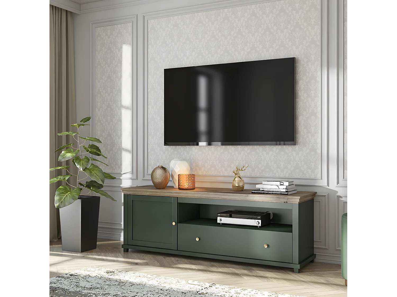 Meuble TV 1 porte 1 tiroir 181 cm Martin Vert et Bois