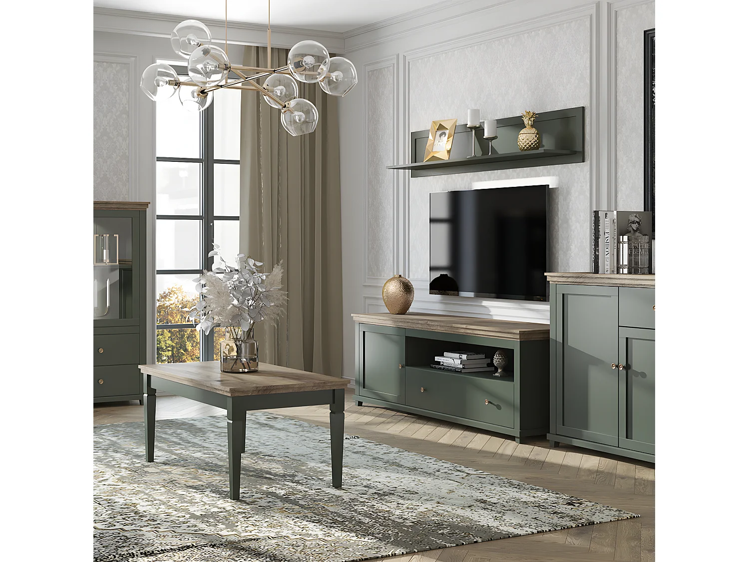 Meuble TV 1 porte 1 tiroir 181 cm Martin Vert et Bois