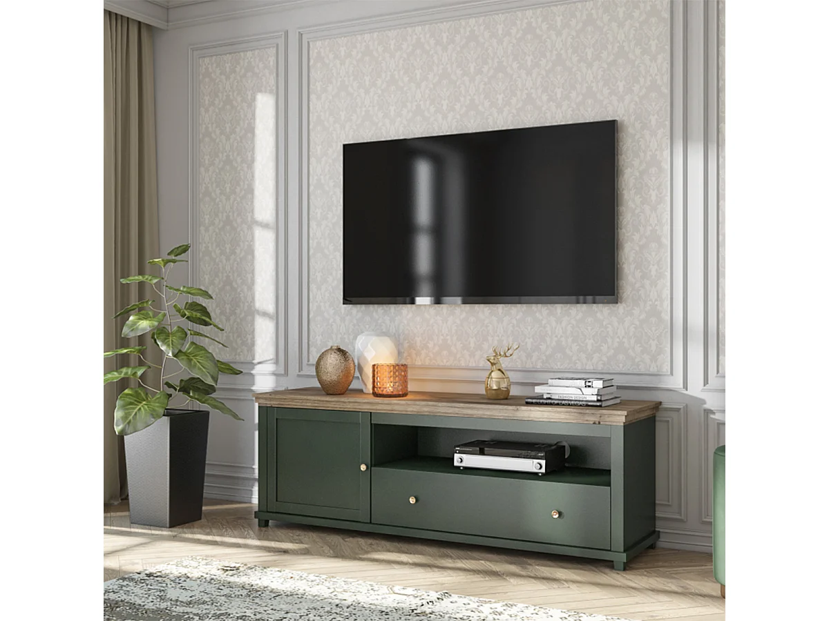 Meuble TV 1 porte 1 tiroir 181 cm Martin Vert et Bois