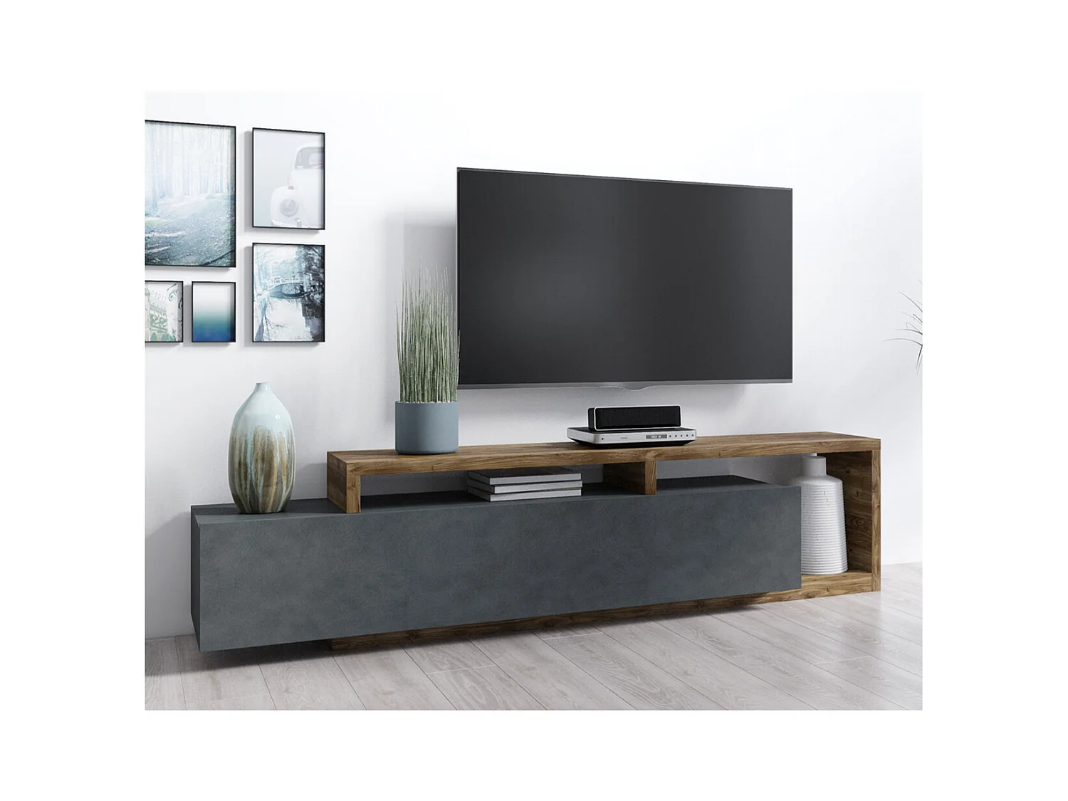 Móvel TV 1 gaveta Ilyes cinzento e madeira 219cm