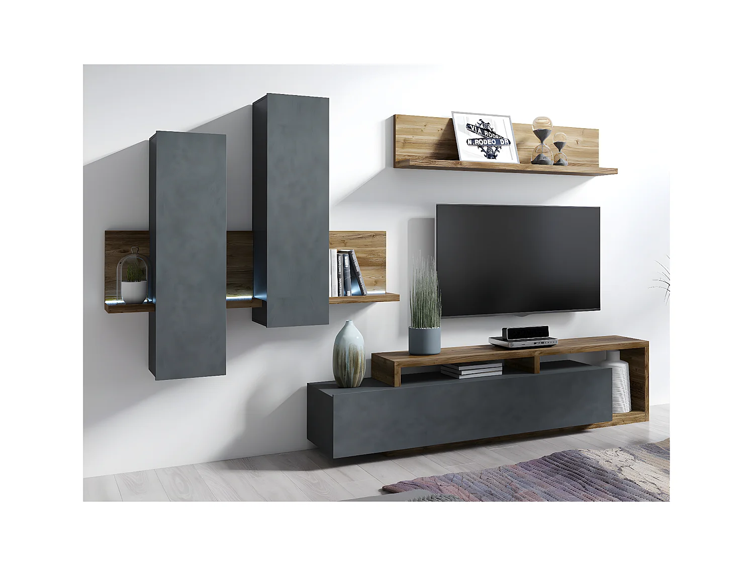 Móvel TV 1 gaveta Ilyes cinzento e madeira 219cm