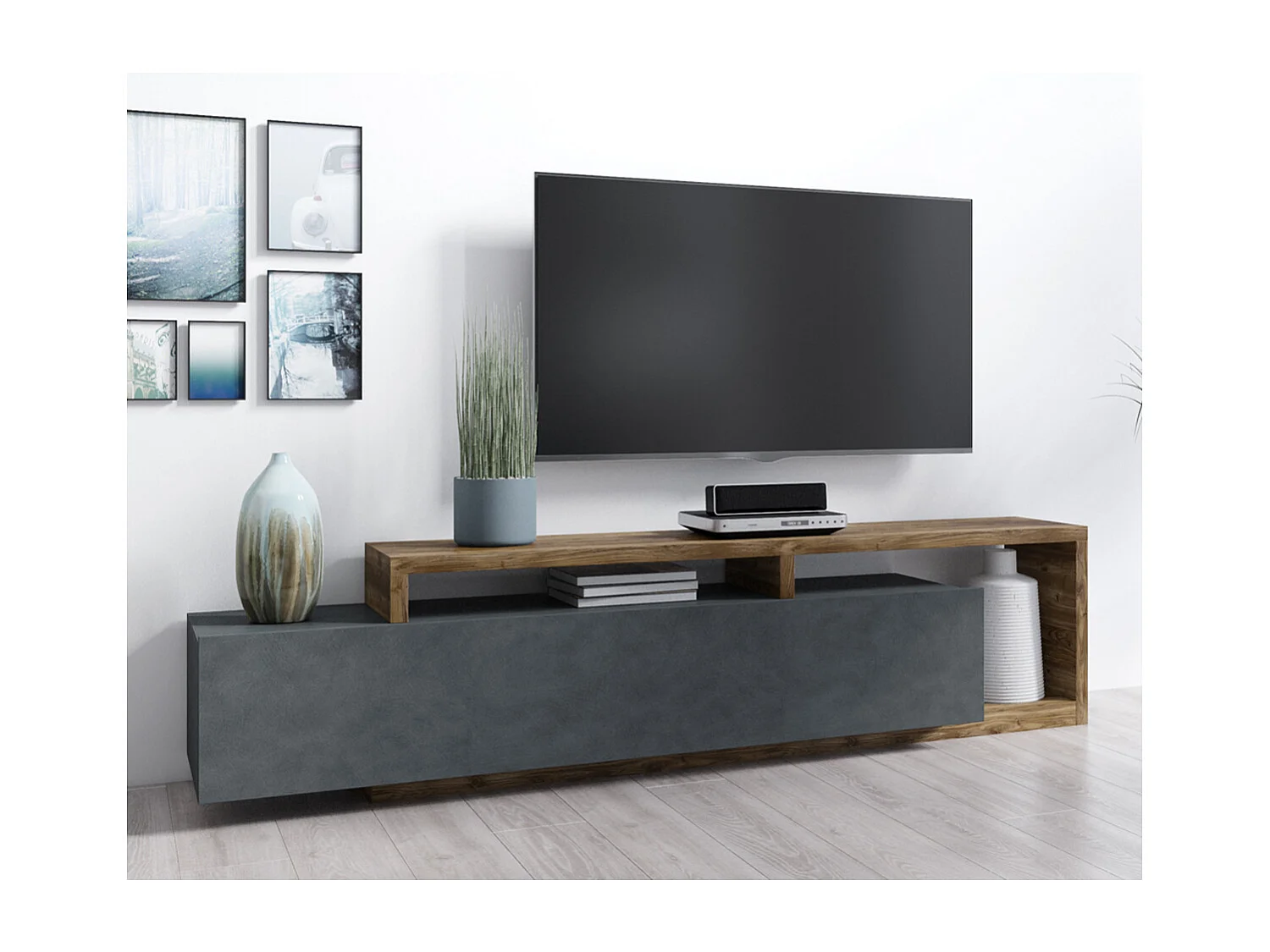Meuble TV 1 tiroir 219 cm Ilyes Gris et Bois