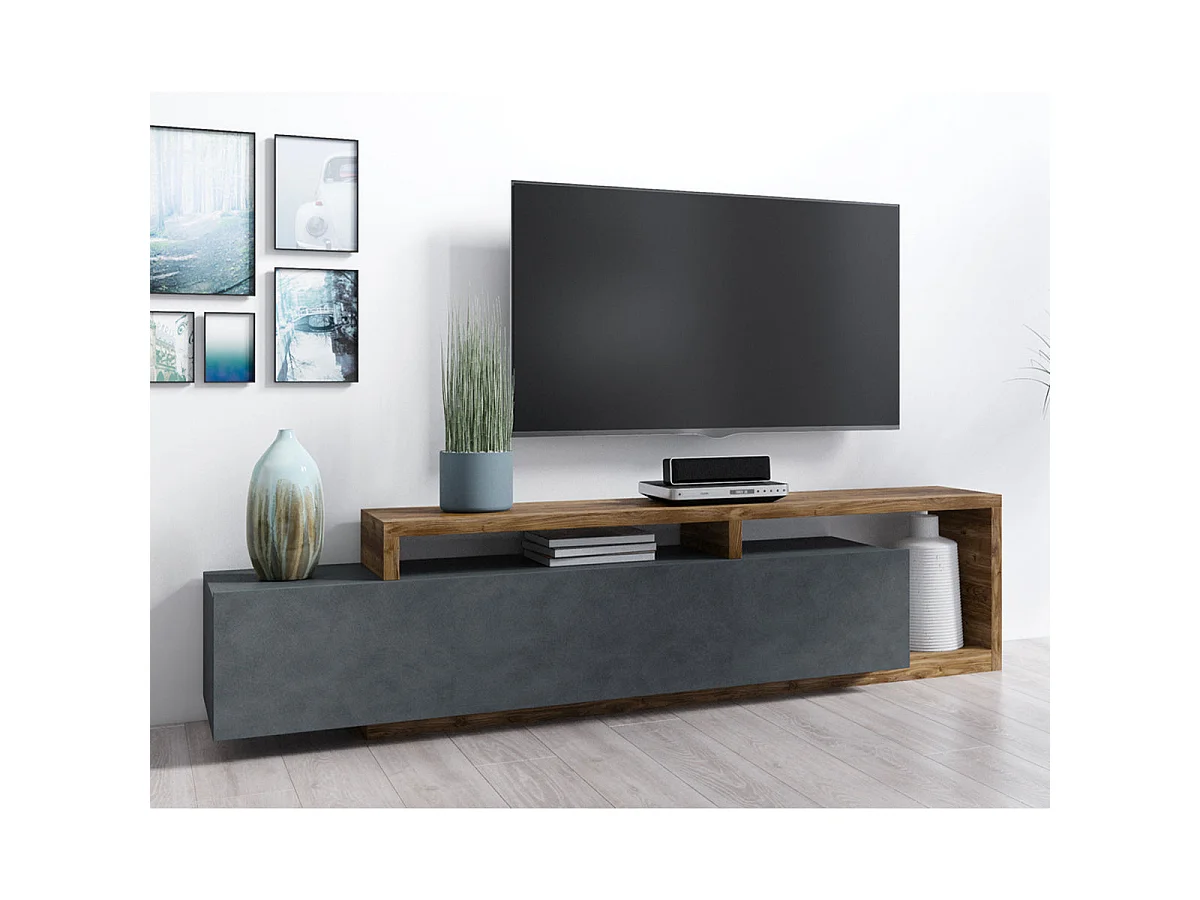Ilyes TV-bord i grå og træ med 1 skuffe, 219 cm