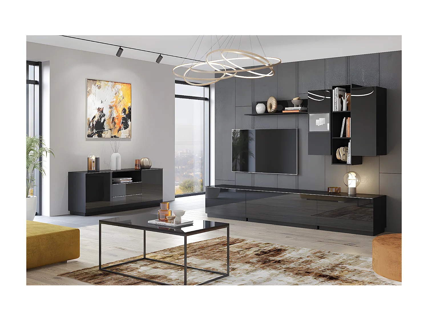 Meuble TV sur pied ou mural 1 porte 120 cm Mathis Noir