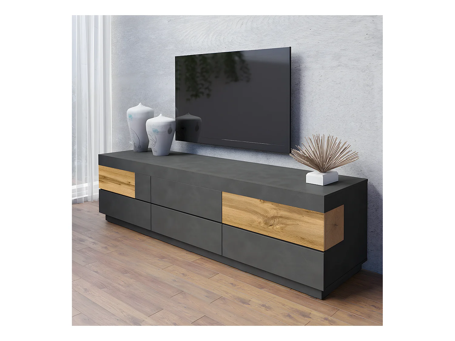 Meuble TV 6 tiroirs 206 cm Andrea Gris anthracite et Bois