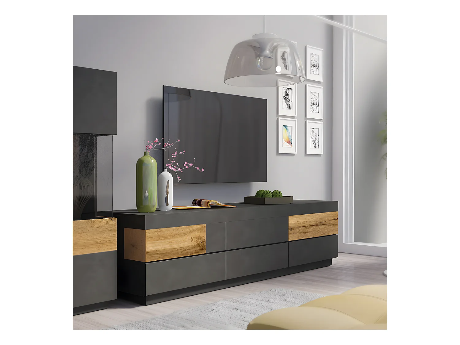 Meuble TV 6 tiroirs 206 cm Andrea Gris anthracite et Bois