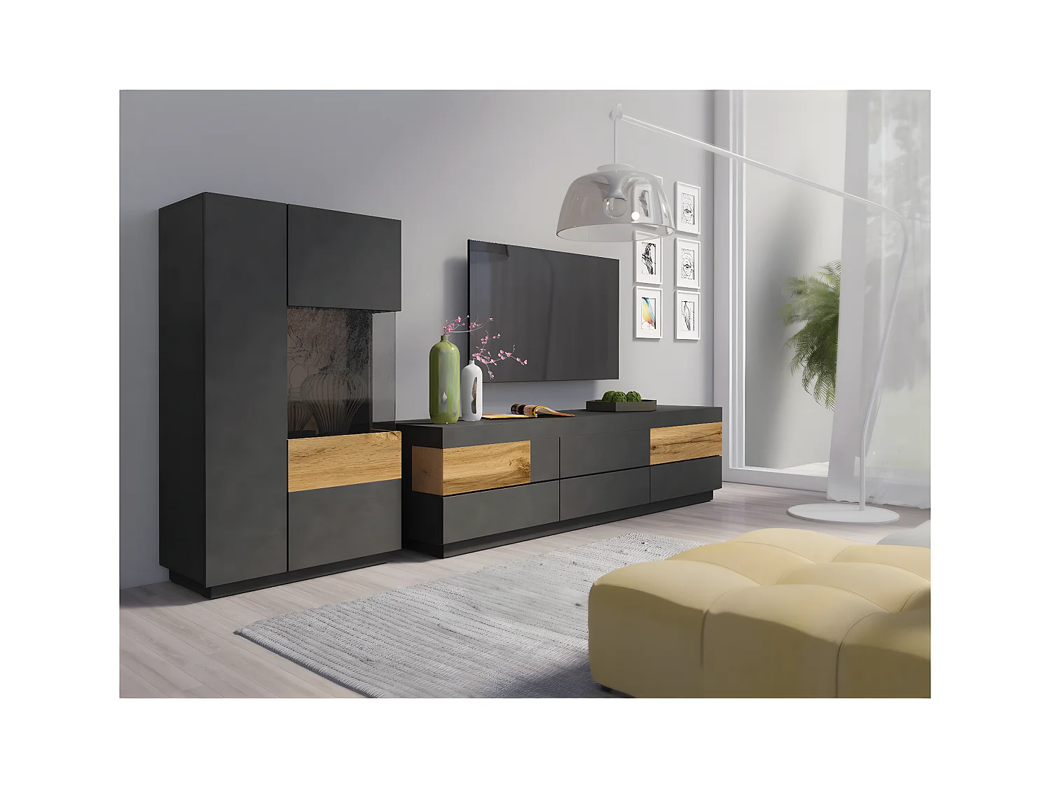 Meuble TV 6 tiroirs 206 cm Andrea Gris anthracite et Bois