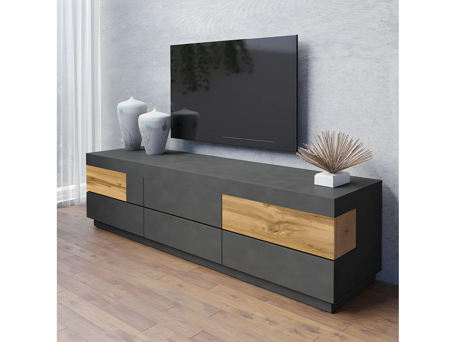 Meuble TV 6 tiroirs 206 cm Andrea Gris anthracite et Bois