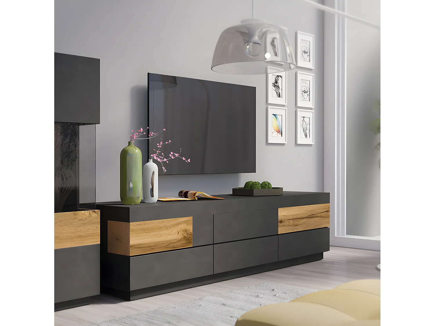 Meuble TV 6 tiroirs 206 cm Andrea Gris anthracite et Bois