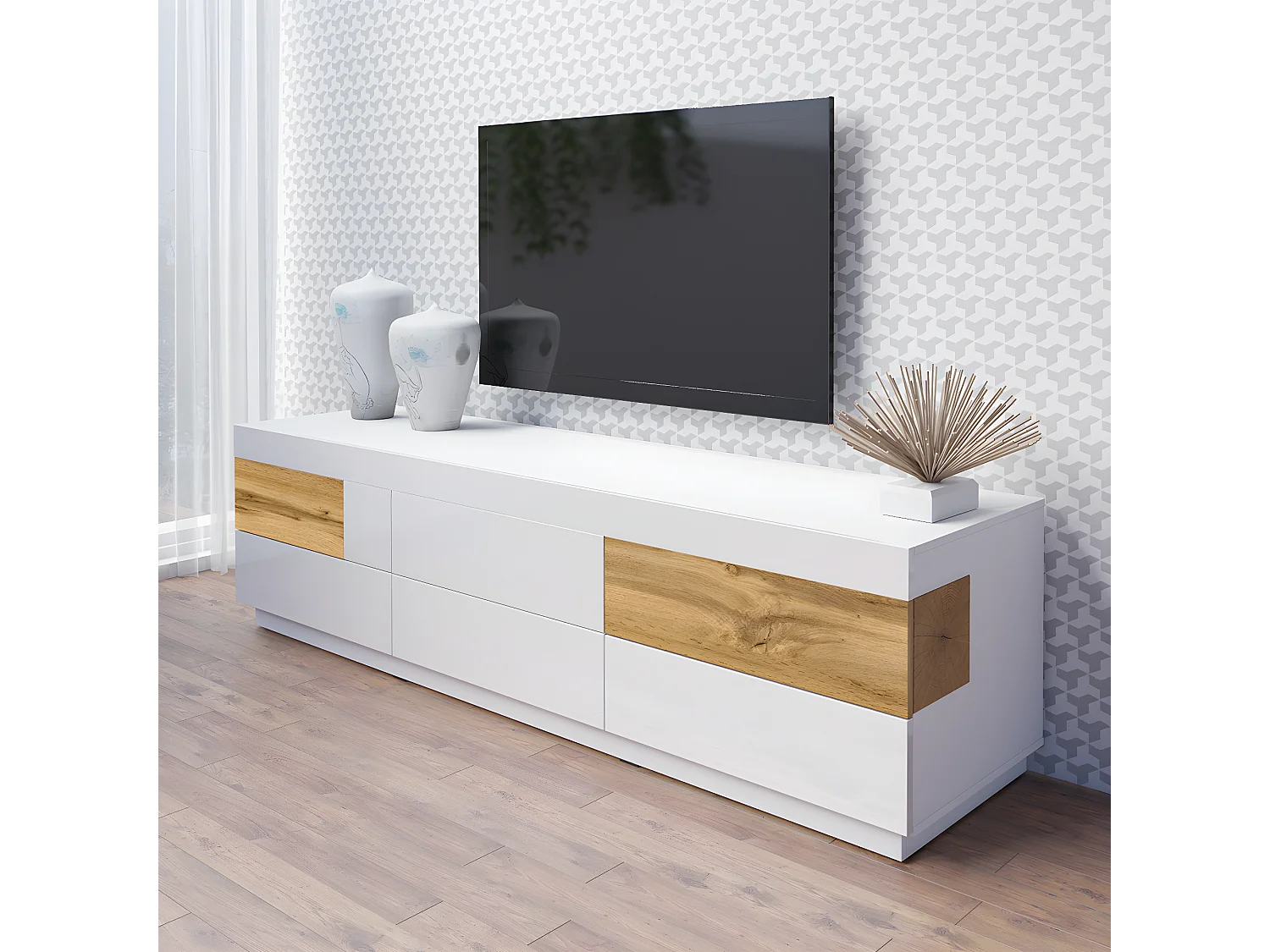 Meuble TV 6 tiroirs 206 cm Andrea Blanc et Bois