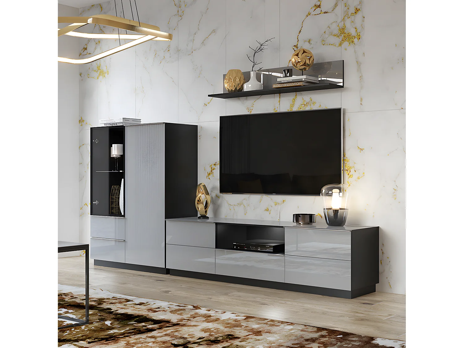 Meuble TV sur pied ou mural 2 portes 1 tiroir 180 cm Mathis Gris et Noir