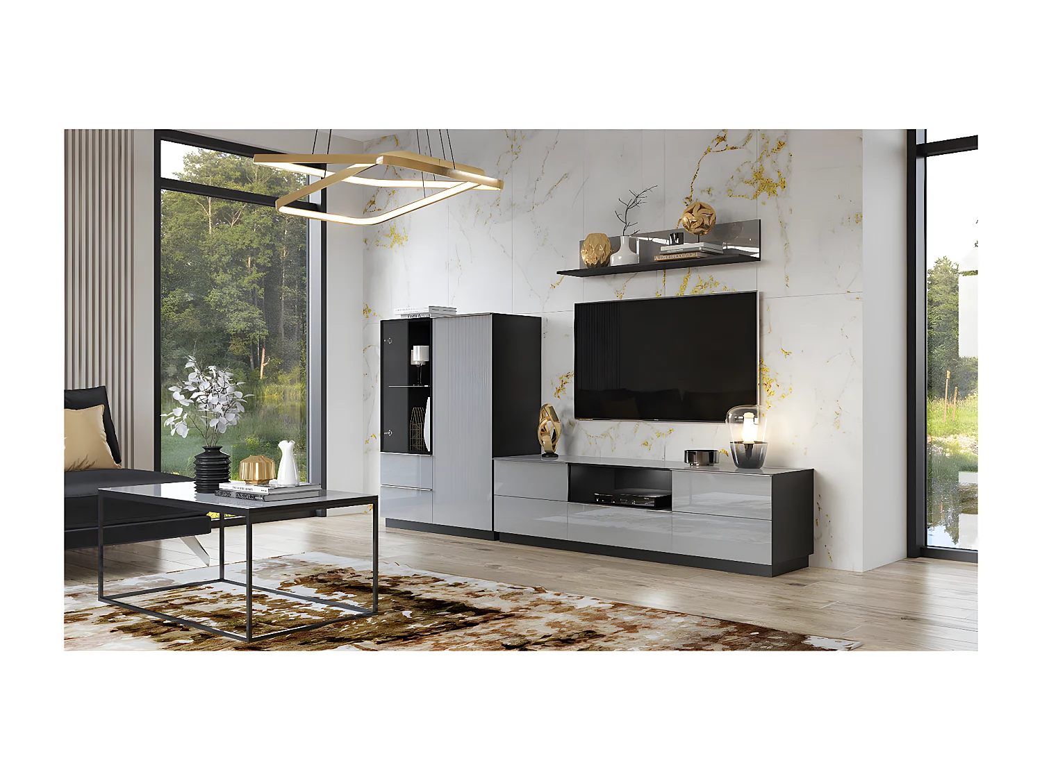 Meuble TV sur pied ou mural 2 portes 1 tiroir 180 cm Mathis Gris et Noir