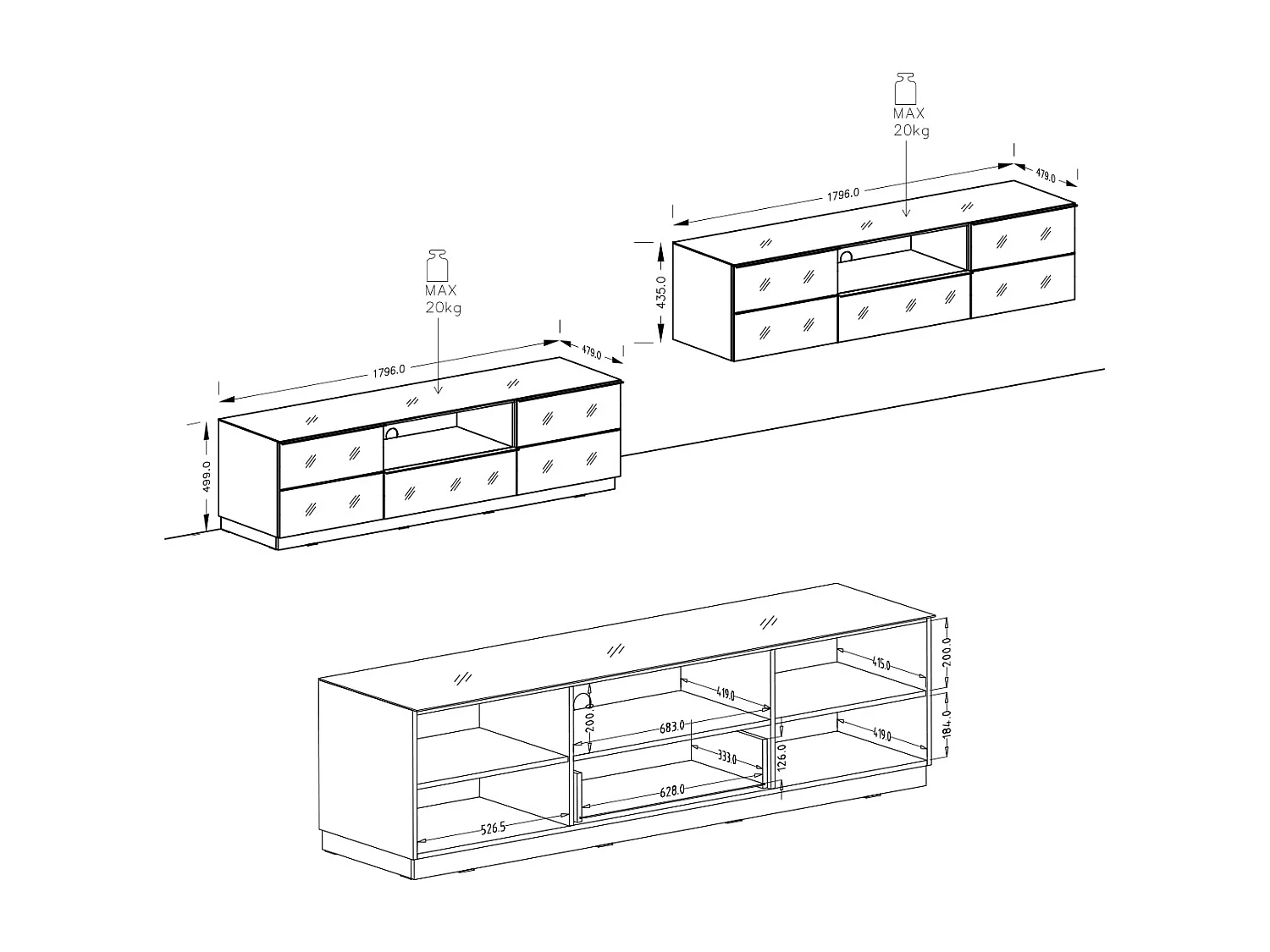 Meuble TV sur pied ou mural 2 portes 1 tiroir 180 cm Mathis Gris et Noir